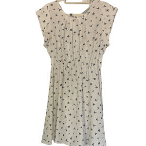 Sweet Rain White Dress with Black Dove Pattern and Black Belt